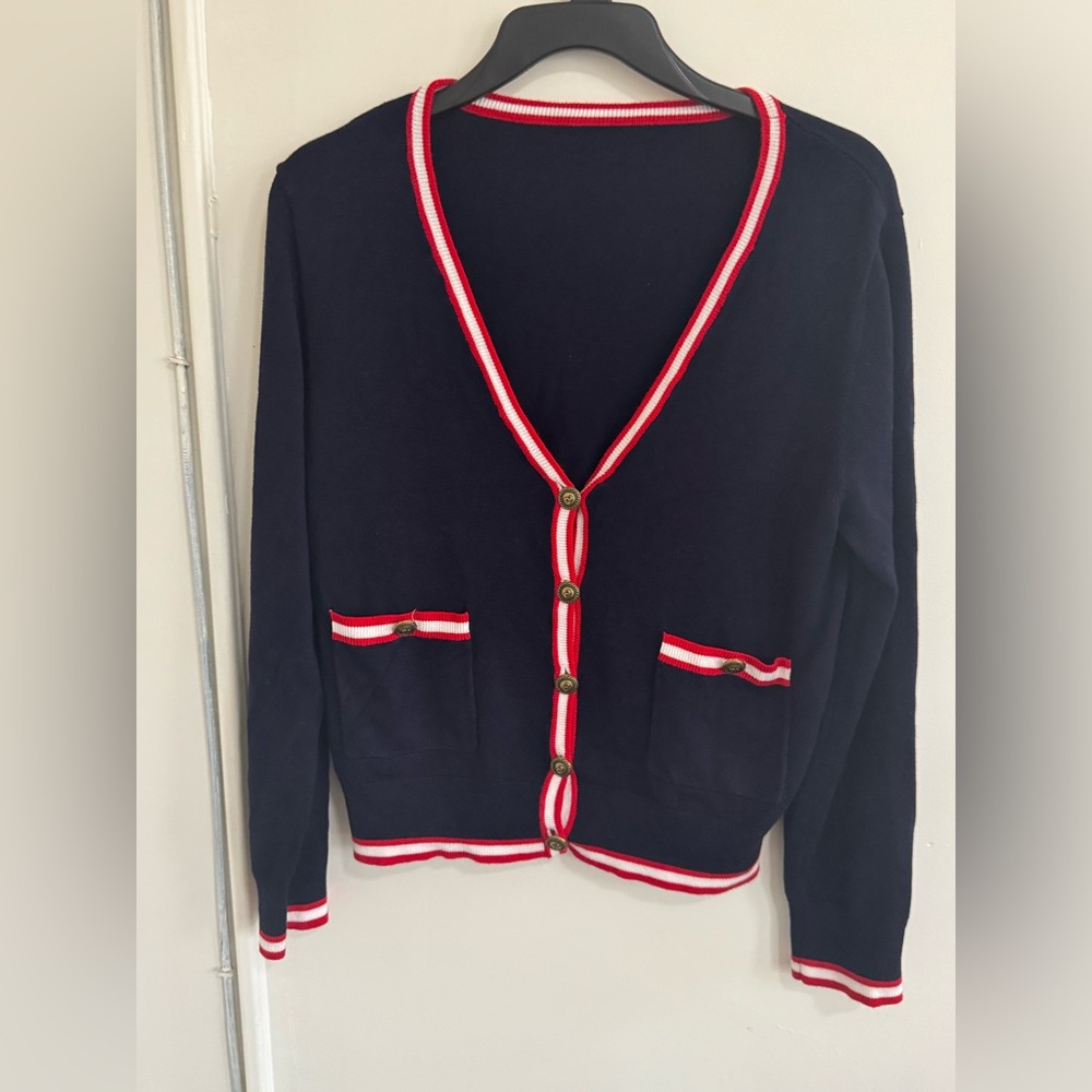st. john -style navy knit cardigan red & white trim gold buttons (Tag removed) M